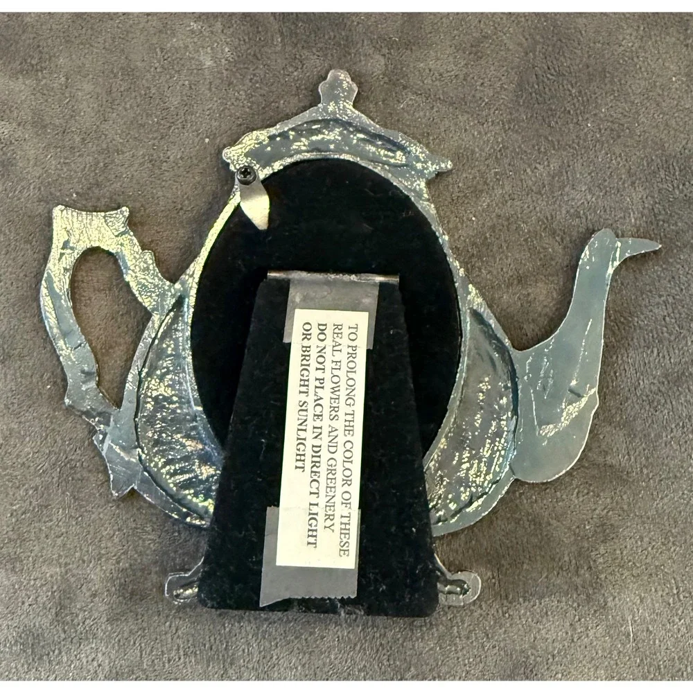 Teapot Picture Frame Silver Tone Pressed Flowers Rose Pewter Cottagecore Garden